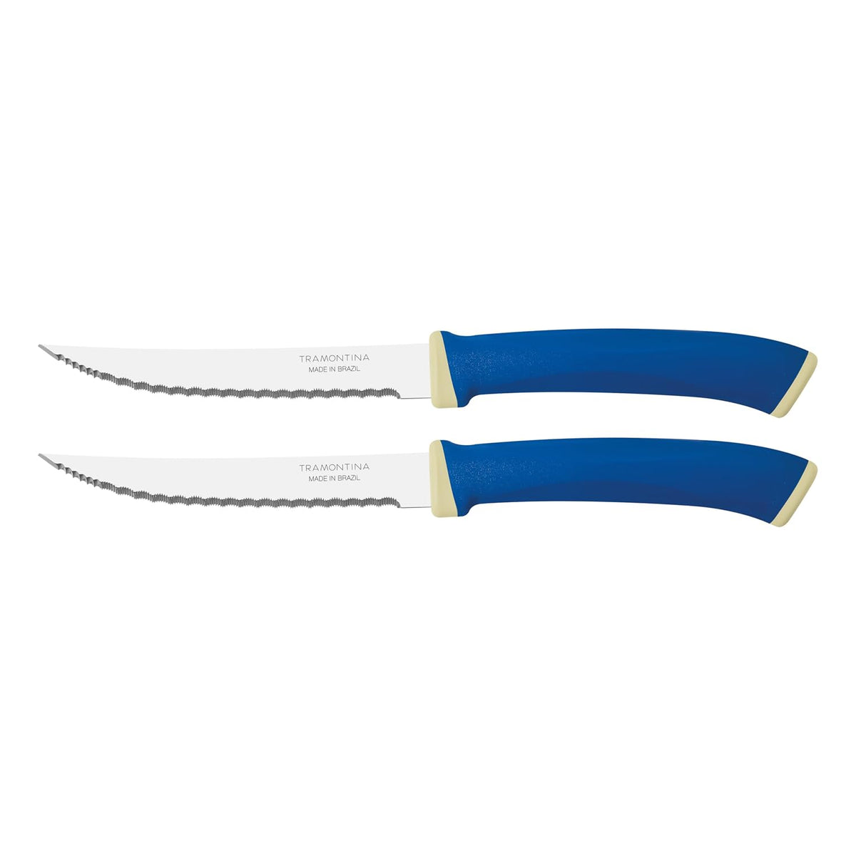 TRAMONTINA Felice Steak Knife Set – 2 Micro-Serrated Stainless Steel Blades – Heat-Treated for Long-Lasting Edge – Blue Polypropylene Handles – Ideal for Cutting Steak & Meats
