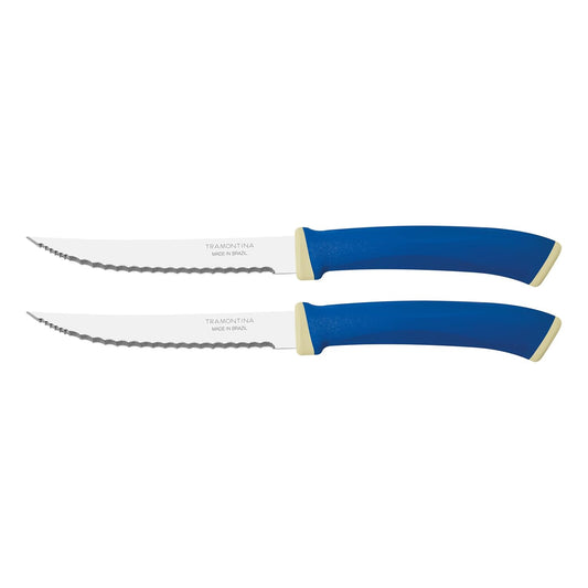 TRAMONTINA Felice Steak Knife Set – 2 Micro-Serrated Stainless Steel Blades – Heat-Treated for Long-Lasting Edge – Blue Polypropylene Handles – Ideal for Cutting Steak & Meats