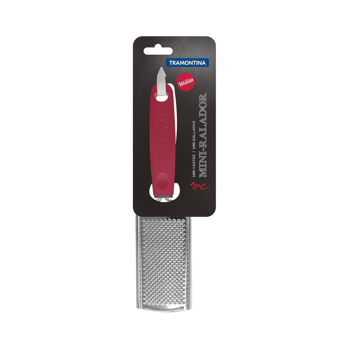 Tramontina Utilità Stainless-Steel Mini-Grater – Red Polypropylene Handle – Ideal for Grating Cheese, Garlic, Ginger, Nutmeg, and Citrus Zest