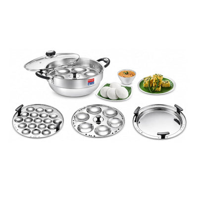 Prestige Triply Splendor 28cm Multikadai with Glass Lid, Idli Plates-2U, Mini Idli Plate-1U, Dhokla Plate-1U Silver|Works On Gas and Induction|Even Heat Distribution|10 Years Warranty