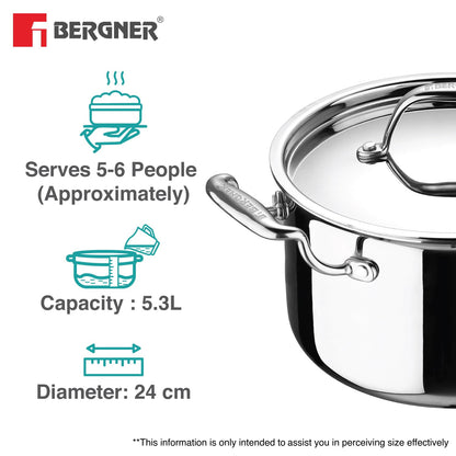 Bergner Argent Triply Stainless Steel 24cm Casserole with Stainless Steel Lid, 5.3 Liters Casserole, Stay Cool Cast Handle, Less Oil Use, Healthy Cooking, Food Safe Durable - Induction and Gas Ready