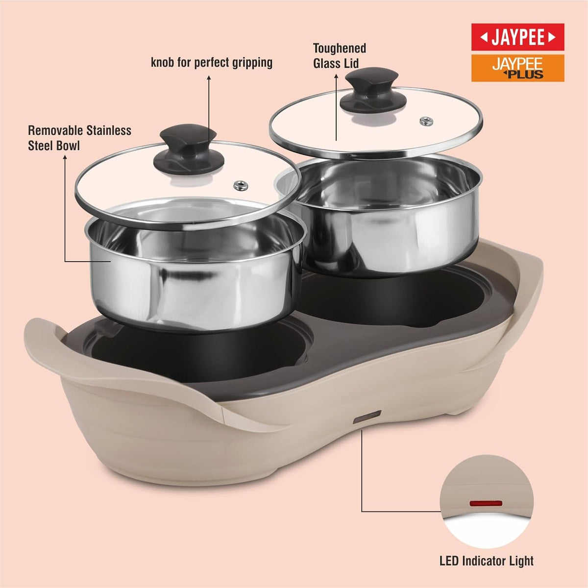 Jaypee Plus 1150 ml +1150 ml Stainless Steel Electric Casserole Set | Shockproof, Rustproof | 2 in 1 Electric Bowl for Food Warmer & Buffet Server - (Beige)