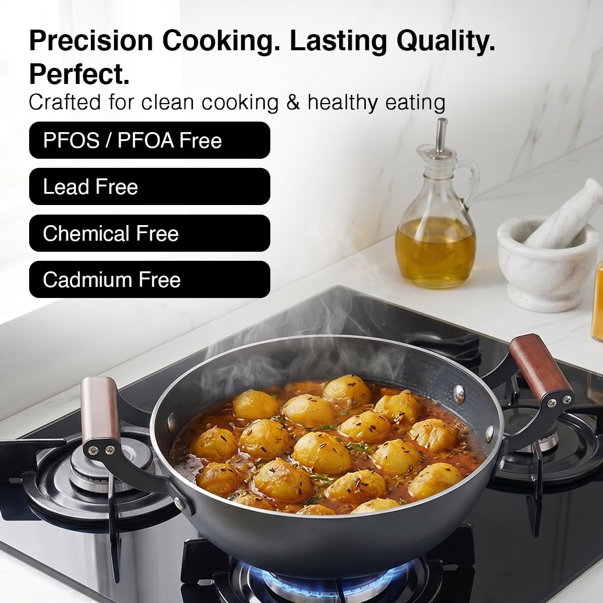 Prestige Castlite Patterned Enamel Coated Cast Iron Kadai 20cm/1.4L | High Heat Retention, Rust-Proof | Gas & Induction Compatible | Low-Oil Cooking | Stay-Cool Handles | Easy Clean | 15Y Warranty