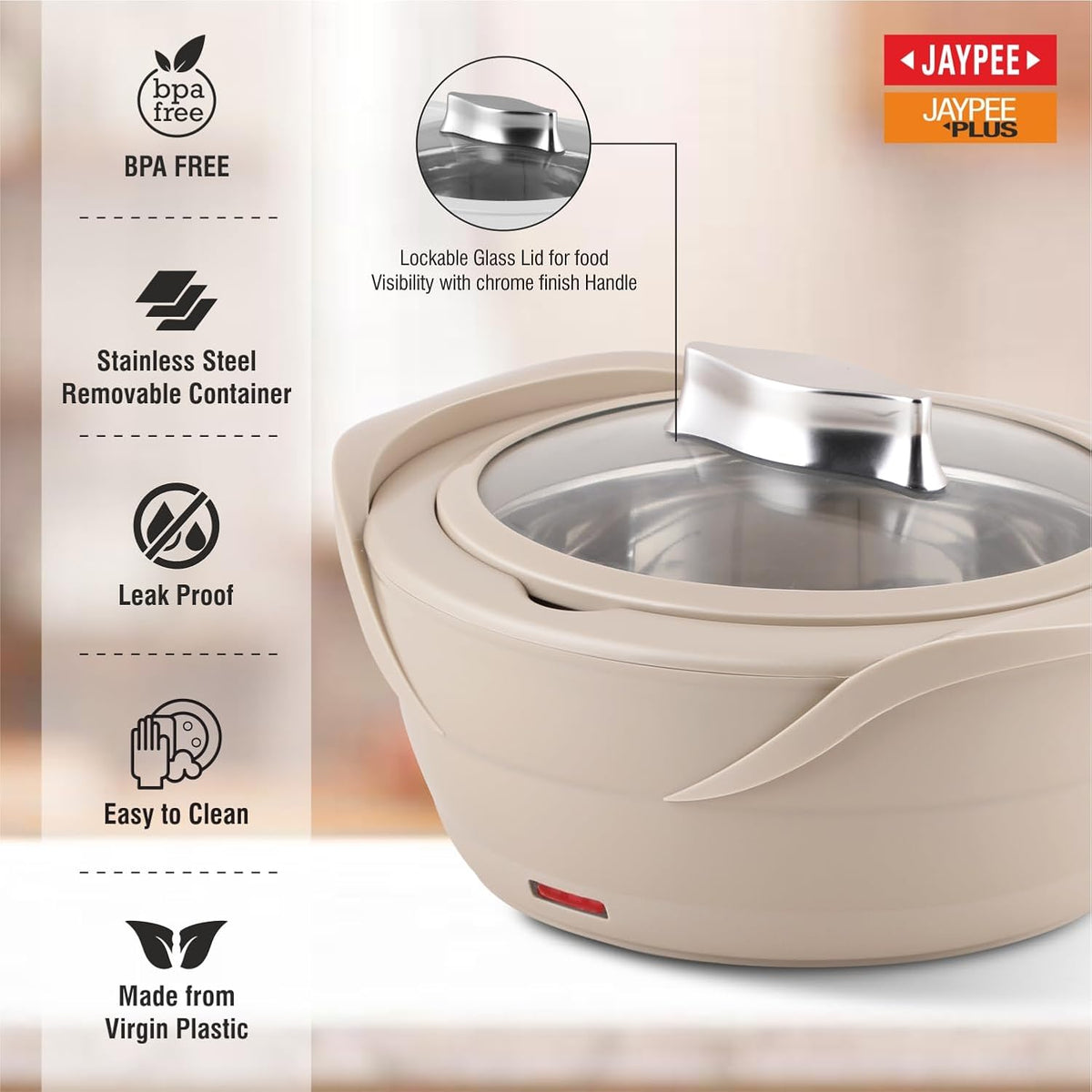 Jaypee Plus Power Serve Inner Stainless Steel Electric Casserole with Glass Lid, 1500 ml, Removable Steel Bowl for Easy Cleaning |Food Grade Serving Set | Hot Pot | Ideal for Serving Warm Dish, Beige