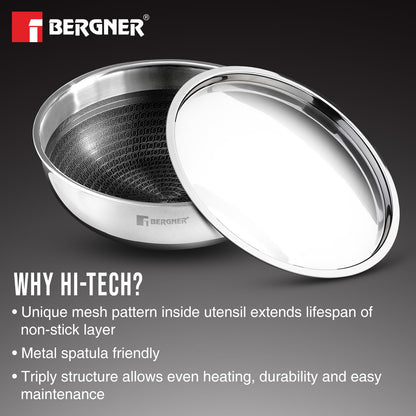 BERGNER Hi-Tech Giro Triply Tasra 24cm (2.6L) with Stainless Steel Lid, Honeycomb Mesh Non-Stick Coating, PFOA Free, Consumes Less Oil, Healthy Cooking, Even Heat Distrubtion - Induction Bottom