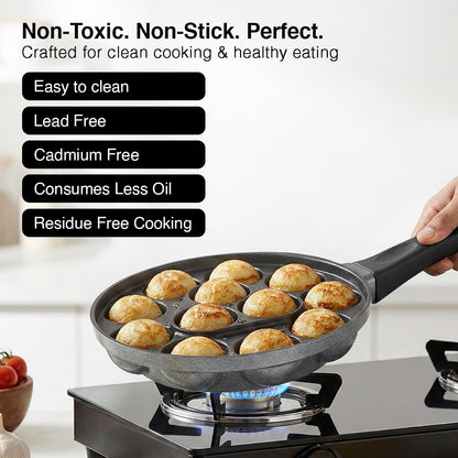 Prestige Omega Select Plus Non-Stick Paniyarakkal with lid (Appe Maker)|12 pits| 20cm|Residue Free Coating |Metal Spoon Friendly