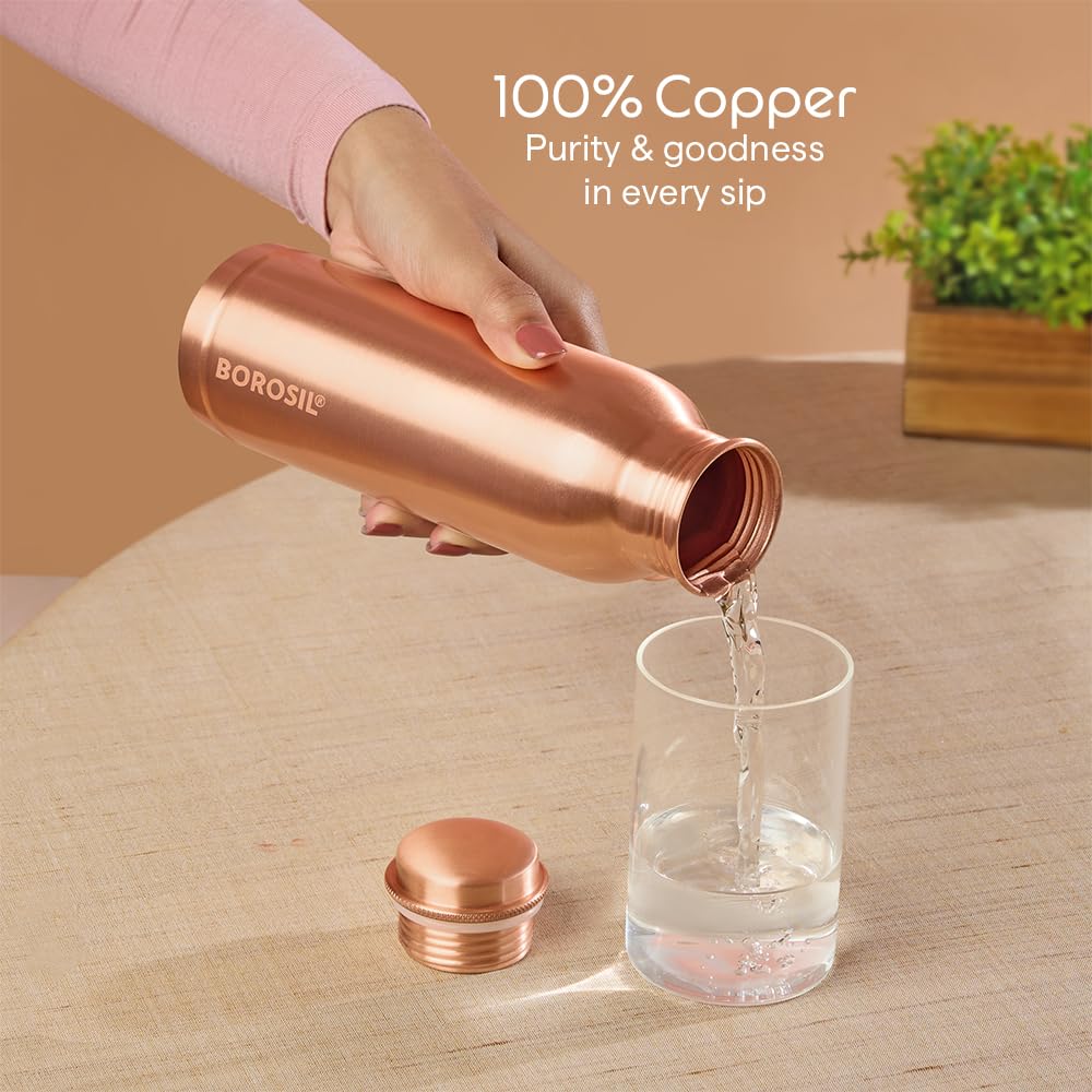 Borosil 600 ml Thirtha Copper Bottle, 100% Pure Copper, BPA Free & Leakproof with Anti-Oxidant Properties of Copper Bottle for Home, School & Office