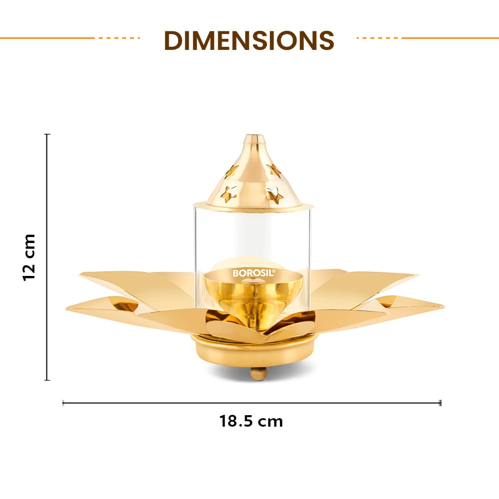 Borosil Small Size Kamal Diya Decorative Brass Glass Oil Lamp | Tea Light Holder | Diya with Borosilicate Glass | Puja Dia for Mandir | Lantern Diya with Glass Cover