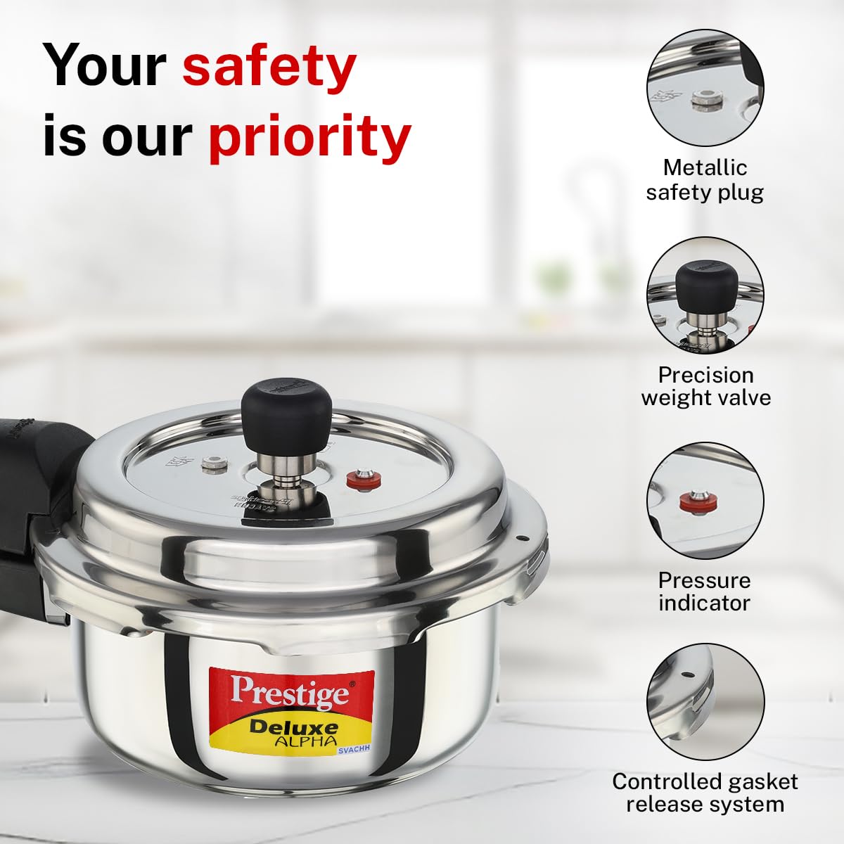 Prestige 2 Litre Stainless Steel Deluxe Alpha Svachh Outer Lid Pressure Cooker | 10Y Warranty | Deep Lid for Spillage Control | TRIPLY Base | Gasket Release System | Gas & Induction Compatible | ISI