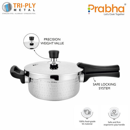 Prabha Stainless Steel Pressure Cooker 3.5 Litres Outer Lid | Tri-Ply Whizz Hammered Cooker | Kitchen Cookware Pots & Pans | ISI Certified | Fast & Safe Healthy Cooking | Gas & Induction