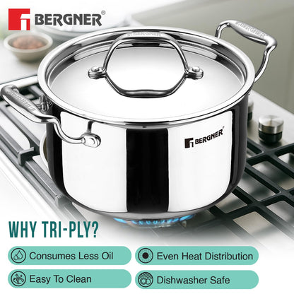 Bergner Argent Triply Stainless Steel 24cm Casserole with Stainless Steel Lid, 5.3 Liters Casserole, Stay Cool Cast Handle, Less Oil Use, Healthy Cooking, Food Safe Durable - Induction and Gas Ready