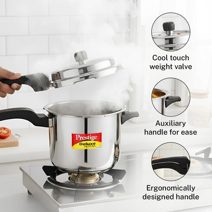 Prestige 3.5 Litre Stainless Steel Deluxe Alpha Svachh Outerlid Pressure Cooker |Deep lid for spillage control|10 years warranty|Gas & Induction compatible|Gasket release system|ISI Certified