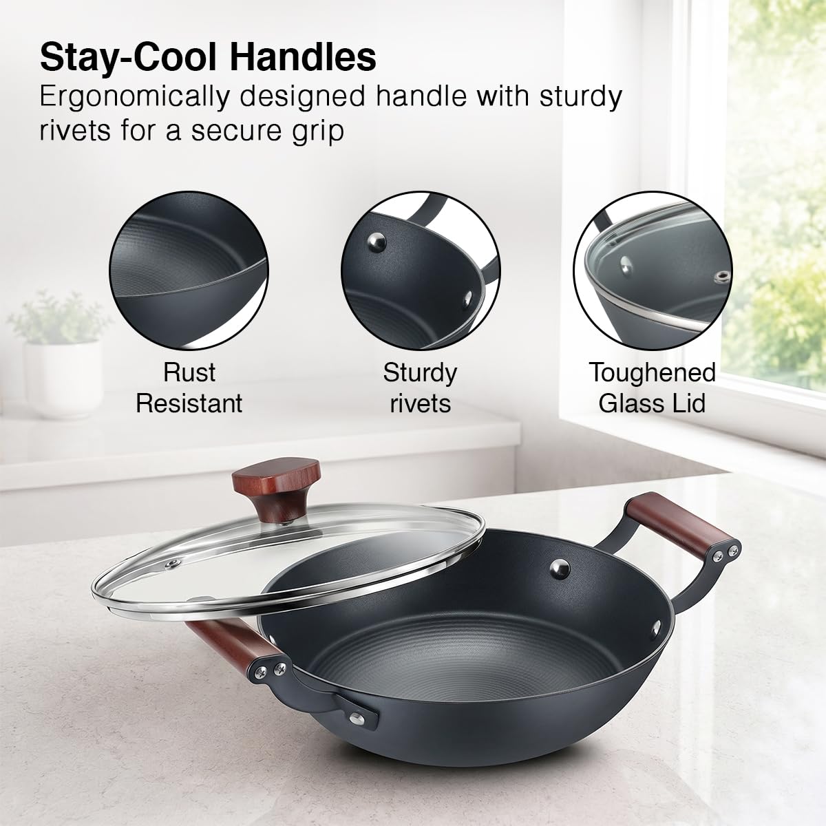 Prestige Castlite Patterned Enamel Coated Cast Iron Kadai 20cm/1.4L | High Heat Retention, Rust-Proof | Gas & Induction Compatible | Low-Oil Cooking | Stay-Cool Handles | Easy Clean | 15Y Warranty
