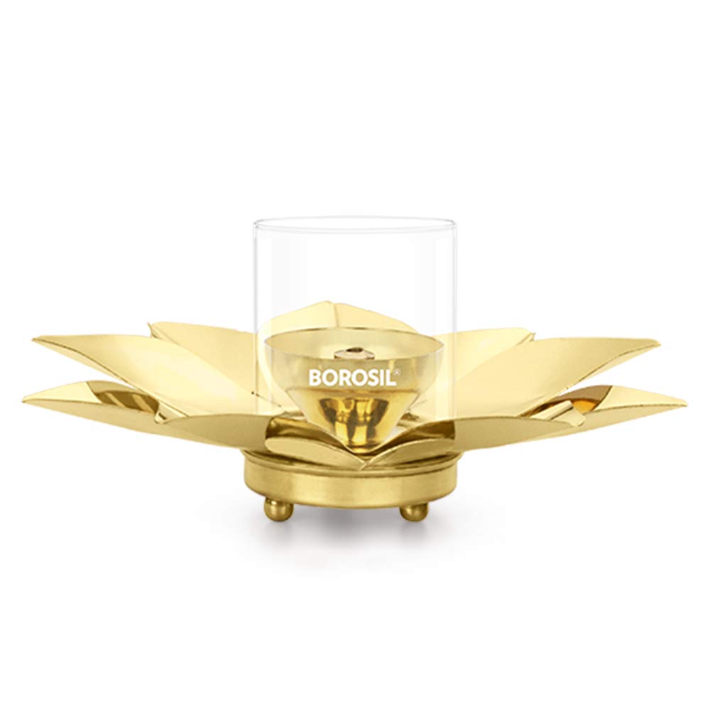 Borosil Small Size Kamal Diya Decorative Brass Glass Oil Lamp | Tea Light Holder | Diya with Borosilicate Glass | Puja Dia for Mandir | Lantern Diya with Glass Cover