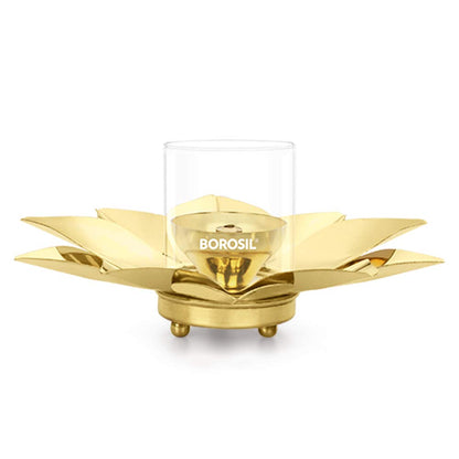 Borosil Small Size Kamal Diya Decorative Brass Glass Oil Lamp | Tea Light Holder | Diya with Borosilicate Glass | Puja Dia for Mandir | Lantern Diya with Glass Cover