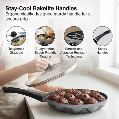 Prestige Omega Select Plus Non-Stick Paniyarakkal with lid (Appe Maker)|12 pits| 20cm|Residue Free Coating |Metal Spoon Friendly