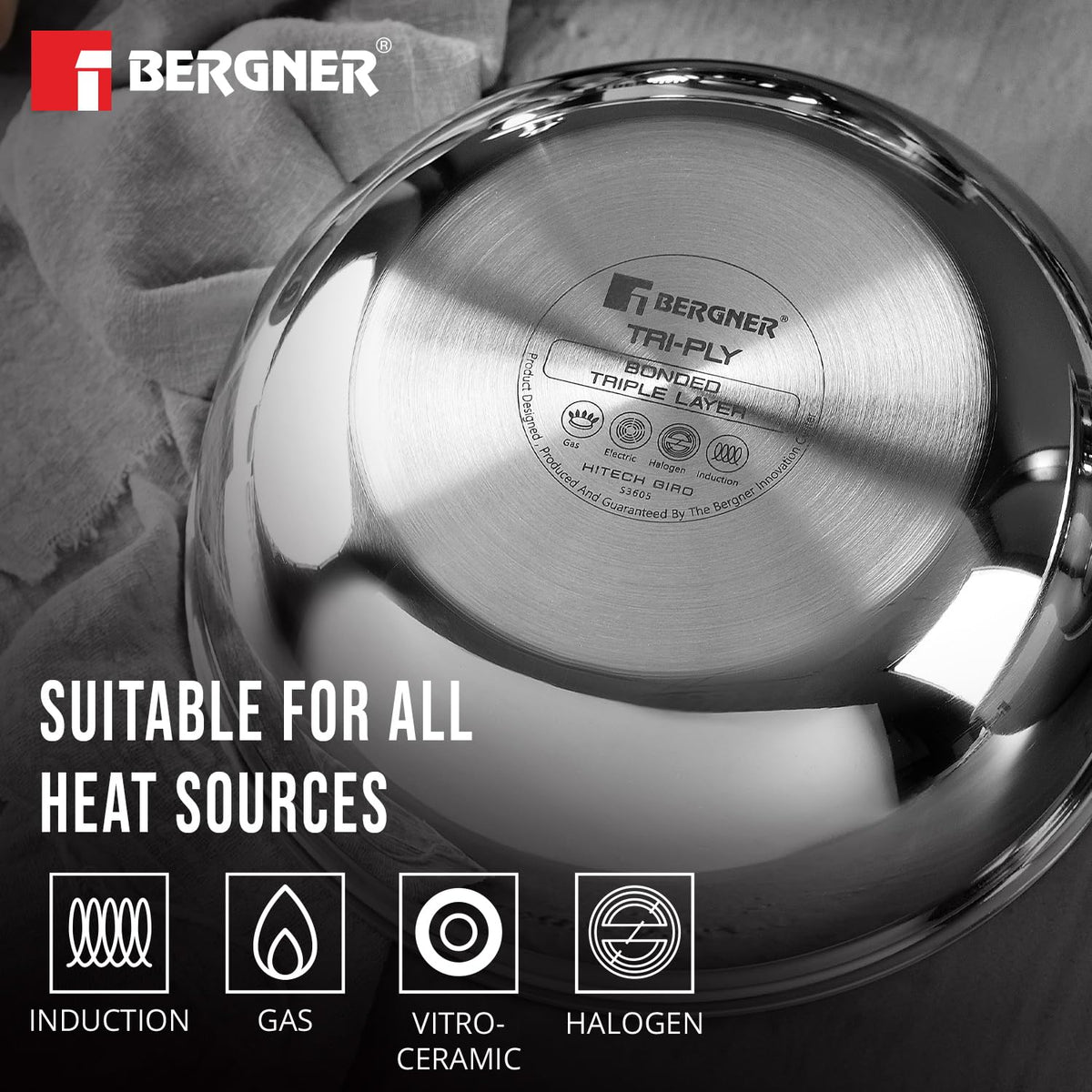 Bergner Hitech Triply Non-Stick 22 cm Tasla, 2.25 L Tasra with Non-Stick Mesh Pattern Inside, Rivetless Handle, Metal Spatula Friendly, Even Heat Distribution, Induction Bottom and Gas Stove Ready