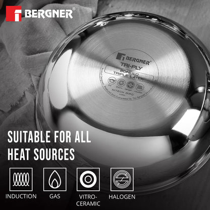 BERGNER Hi-Tech Giro Triply Tasra 26cm (3.5L) with Stainless Steel Lid, Honeycomb Mesh Non-Stick Coating, PFOA Free, Consumes Less Oil, Healthy Cooking, Even Heat Distrubtion - Induction Bottom