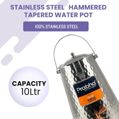 Prabha Water Container 10 Liters with Tap | Hammered Tapered Water Jug for Kitchen Storage | Stainless Steel Water Tank/Water Pot for Drinking | Handi Steel Matka Dispenser