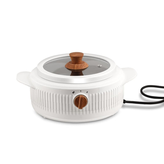 Jaypee Plus Electric CookSmart Casserole with Teflon NonStick Coating Bowl for Reheating & Cooking, Serving Casserole Wooden Finish Lid & Regulator Knob Toughened Glass Lid, 1500 ml, White