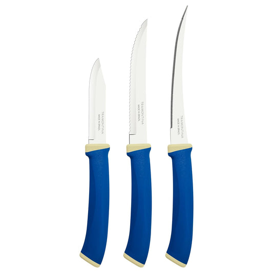 TRAMONTINA Felice Knife Set for Everyday Cooking – 3-Piece Stainless Steel Kitchen Knives with Comfortable Blue Handles, Dishwasher Safe.