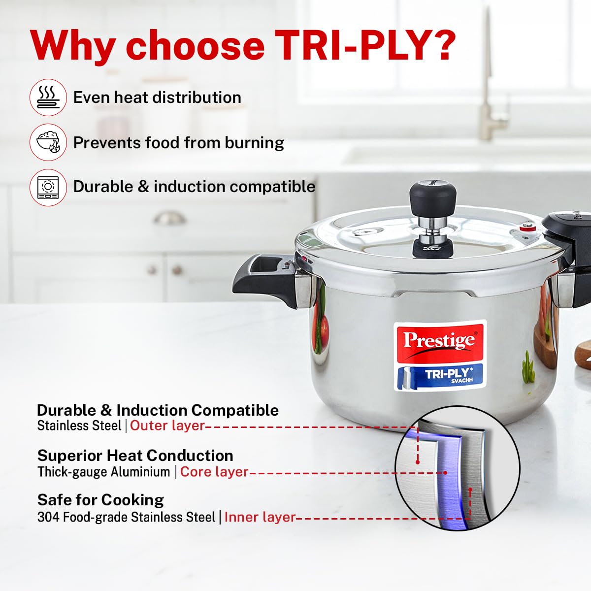 Prestige 3 Litre TRIPLY Svachh Outer Lid Pressure Cooker | Deep Lid for Spillage Control | Gas & Induction Compatible | Gasket Release System | Visual Pressure Indicator | 5Y Warranty | ISI