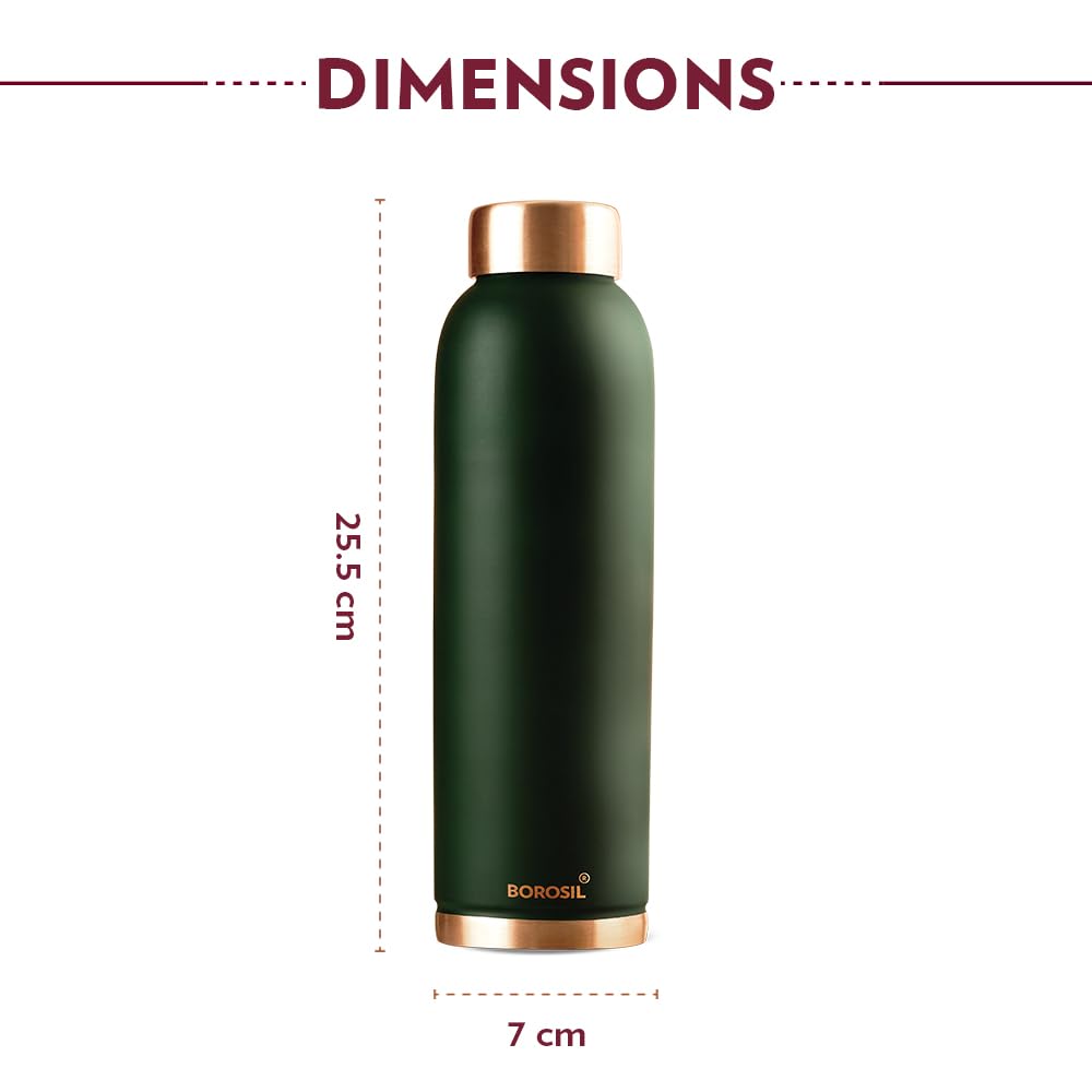 Borosil 1L Colour Copper Bottle for Office, Home, College & School (Green)