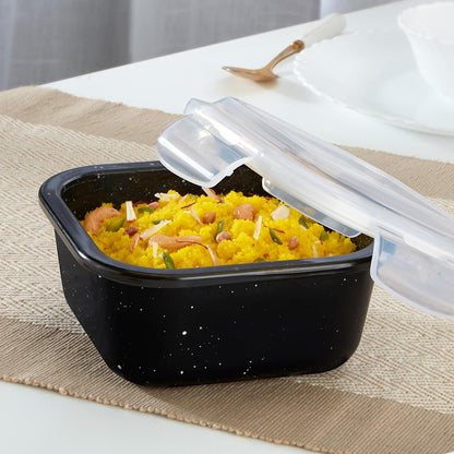 Borosil 520 ml Pebble Black Food Storage Container with Air Tight Lid | Square Shape Borosilicate Glass Organiser | Microwave & Dishwasher Safe | For Fridge, Kitchen Storage