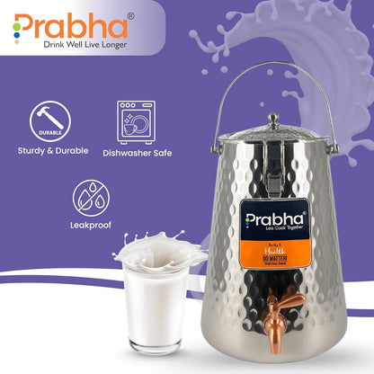 Prabha Water Container 10 Liters with Tap | Hammered Tapered Water Jug for Kitchen Storage | Stainless Steel Water Tank/Water Pot for Drinking | Handi Steel Matka Dispenser