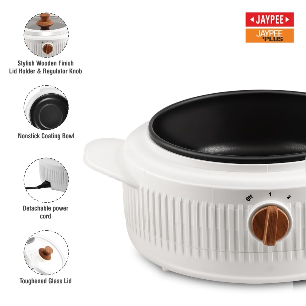 Jaypee Plus Electric CookSmart Casserole with Teflon NonStick Coating Bowl for Reheating & Cooking, Serving Casserole Wooden Finish Lid & Regulator Knob Toughened Glass Lid, 1500 ml, White
