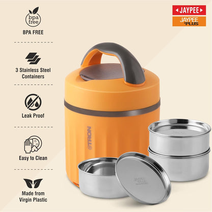 Jaypee Plus Etron Auto Cut Off Electric Lunch Box with 3 Stainless Steel containers 300X3 ml Lunch Box for Office, Travel Easy to Carry Handle Convenience case for Power Cord Food Grade,Orange
