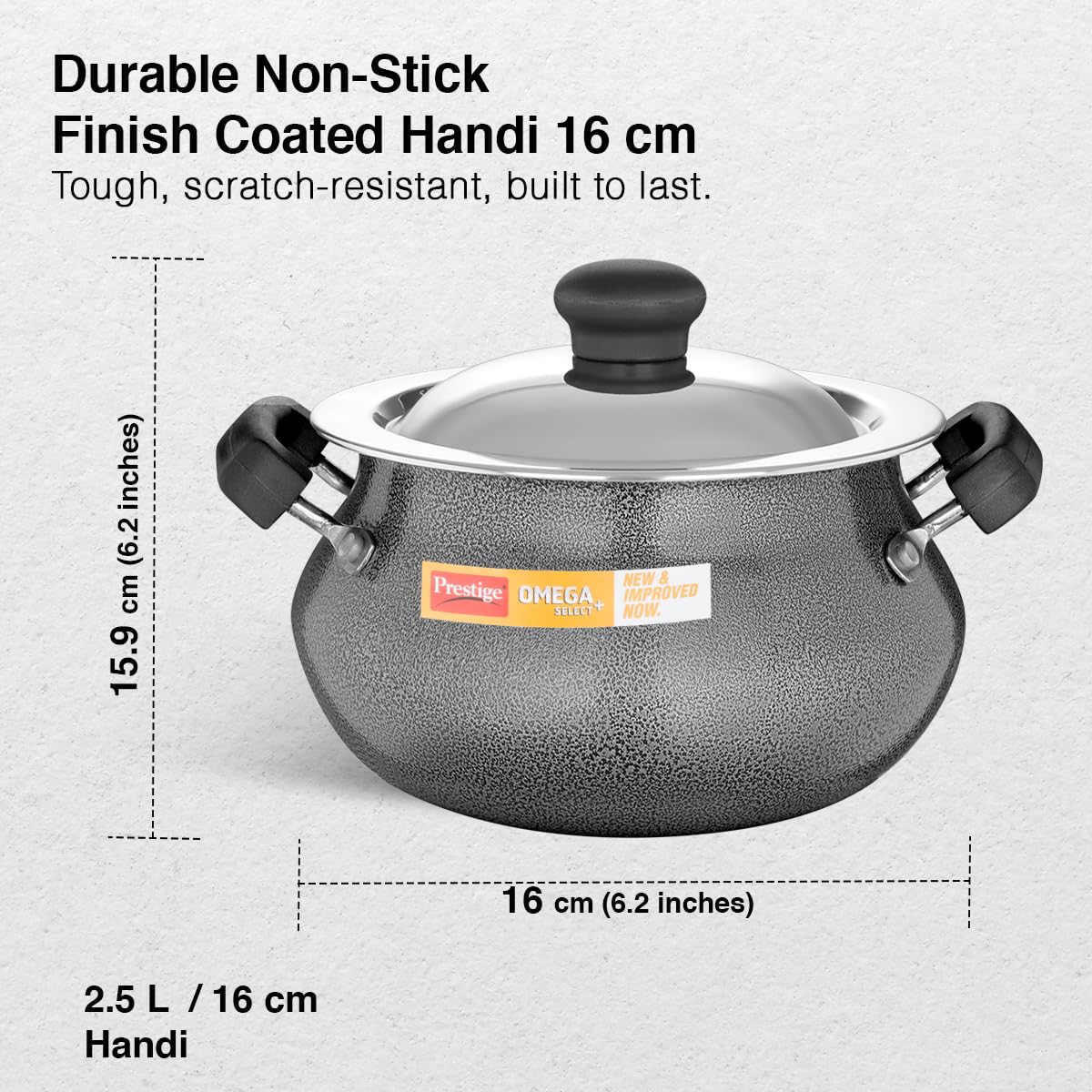 Prestige Omega Select Plus Non Stick Mini Handi with Ss Lid,Aluminium,Black,2.5 Liter