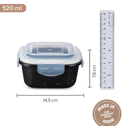 Borosil 520 ml Pebble Black Food Storage Container with Air Tight Lid | Square Shape Borosilicate Glass Organiser | Microwave & Dishwasher Safe | For Fridge, Kitchen Storage