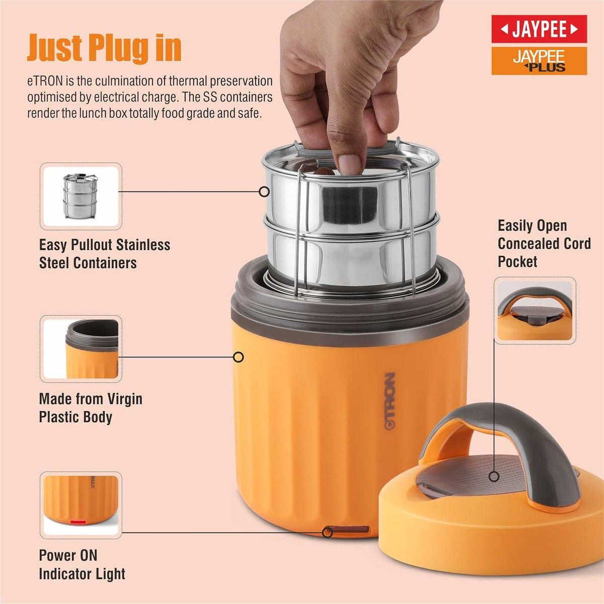 Jaypee Plus Etron Auto Cut Off Electric Lunch Box with 3 Stainless Steel containers 300X3 ml Lunch Box for Office, Travel Easy to Carry Handle Convenience case for Power Cord Food Grade,Orange