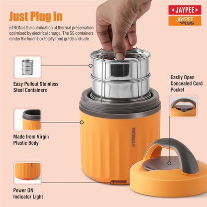Jaypee Plus Etron Auto Cut Off Electric Lunch Box with 3 Stainless Steel containers 300X3 ml Lunch Box for Office, Travel Easy to Carry Handle Convenience case for Power Cord Food Grade,Orange
