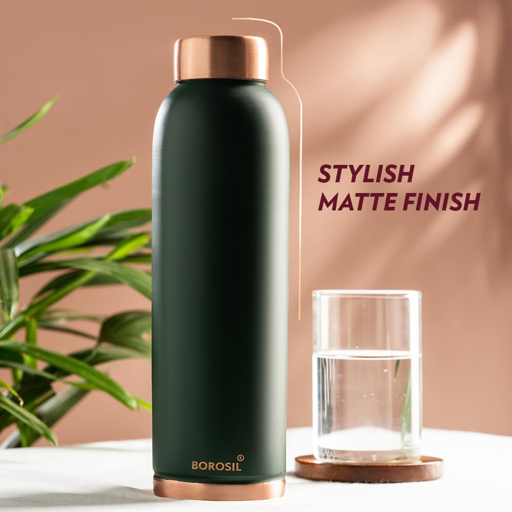 Borosil 1L Colour Copper Bottle for Office, Home, College & School (Green)