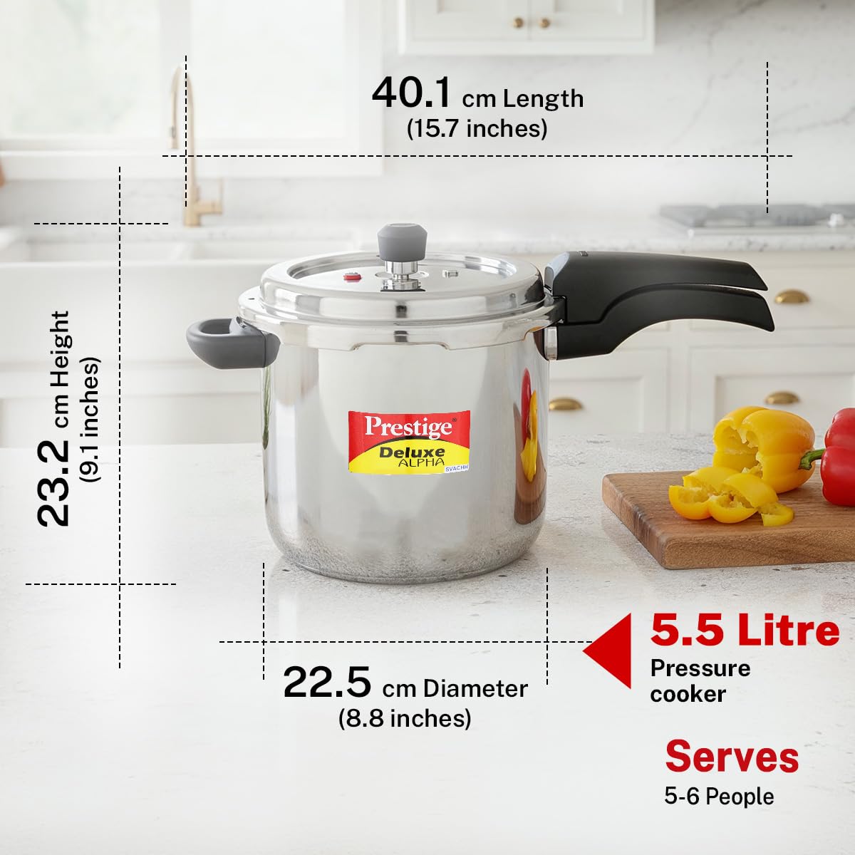Prestige 5.5 Litre Stainless Steel Deluxe Alpha Svachh Outerlid Pressure Cooker |Deep lid for spillage control|10 years warranty|Gas & Induction compatible|Gasket release system|ISI Certified