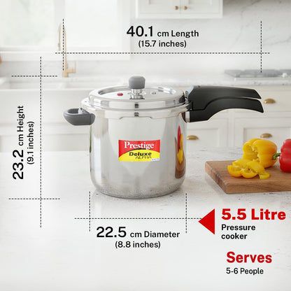 Prestige 5.5 Litre Stainless Steel Deluxe Alpha Svachh Outerlid Pressure Cooker |Deep lid for spillage control|10 years warranty|Gas & Induction compatible|Gasket release system|ISI Certified