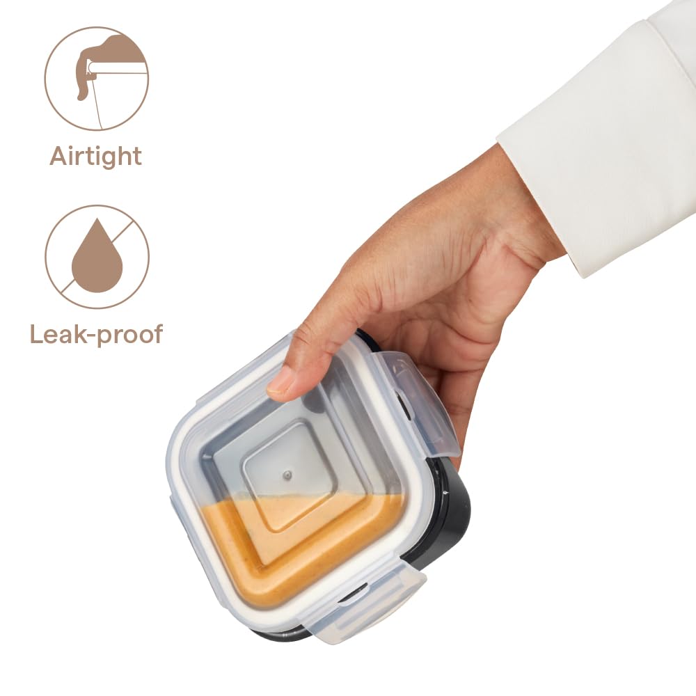 Borosil 520 ml Pebble Black Food Storage Container with Air Tight Lid | Square Shape Borosilicate Glass Organiser | Microwave & Dishwasher Safe | For Fridge, Kitchen Storage