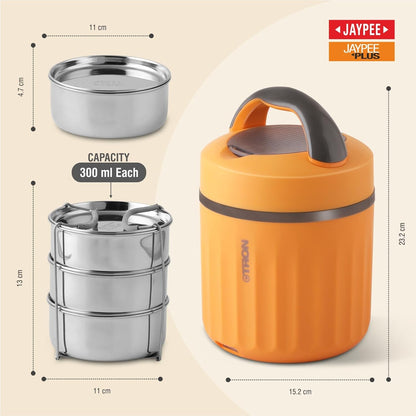 Jaypee Plus Etron Auto Cut Off Electric Lunch Box with 3 Stainless Steel containers 300X3 ml Lunch Box for Office, Travel Easy to Carry Handle Convenience case for Power Cord Food Grade,Orange