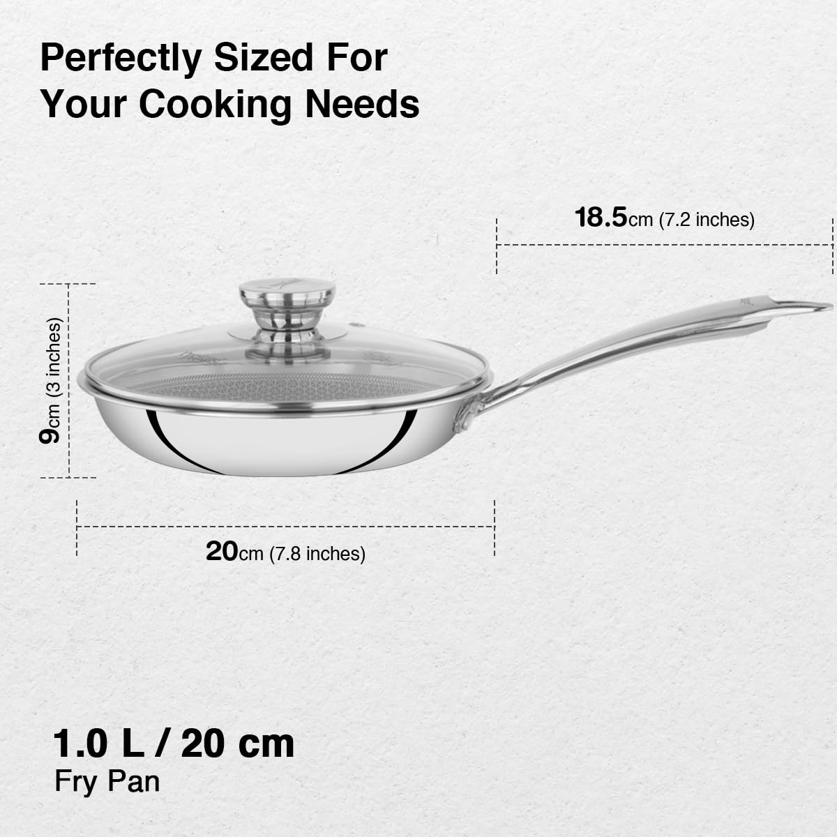 Prestige 20cm/1.0L Tri-Ply Stainless Steel Hexamagic Fry Pan with Lid|Honeycomb Structure|Durability of Triply|Metal Spoon Friendly|Gas & Induction Compatible|Dishwasher Safe|Low Oil Consumption|Grey