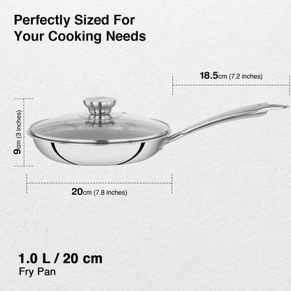 Prestige 20cm/1.0L Tri-Ply Stainless Steel Hexamagic Fry Pan with Lid|Honeycomb Structure|Durability of Triply|Metal Spoon Friendly|Gas & Induction Compatible|Dishwasher Safe|Low Oil Consumption|Grey