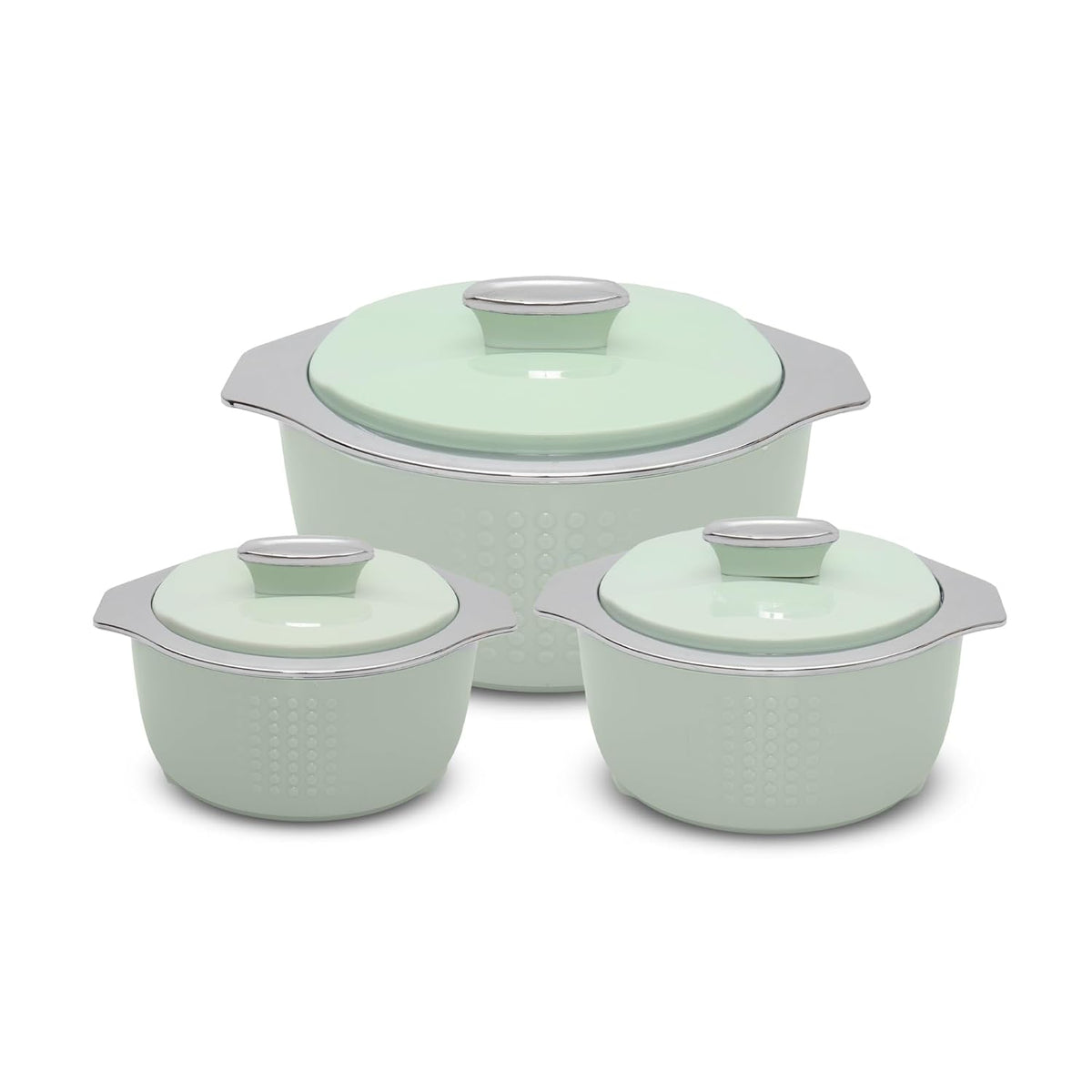 JAYPEE FINEDINE Inner Stainless Steel Casserole Set of 3 with Lockable Lid, 1000+1500+2000 ml, BPA Free Insulated Casserole Set|Food Grade Serving Set| Ideal for Warm Fresh Food & Chapatti, Green