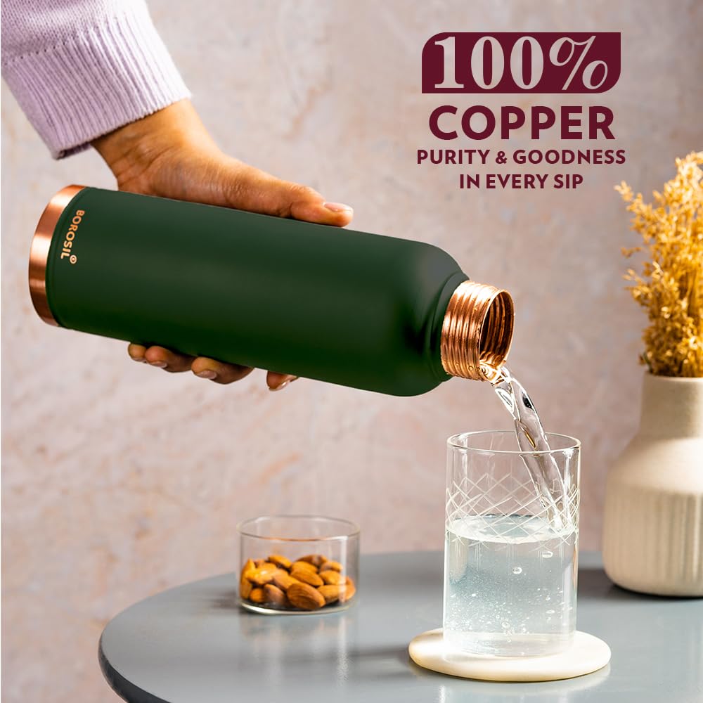 Borosil 1L Colour Copper Bottle for Office, Home, College & School (Green)