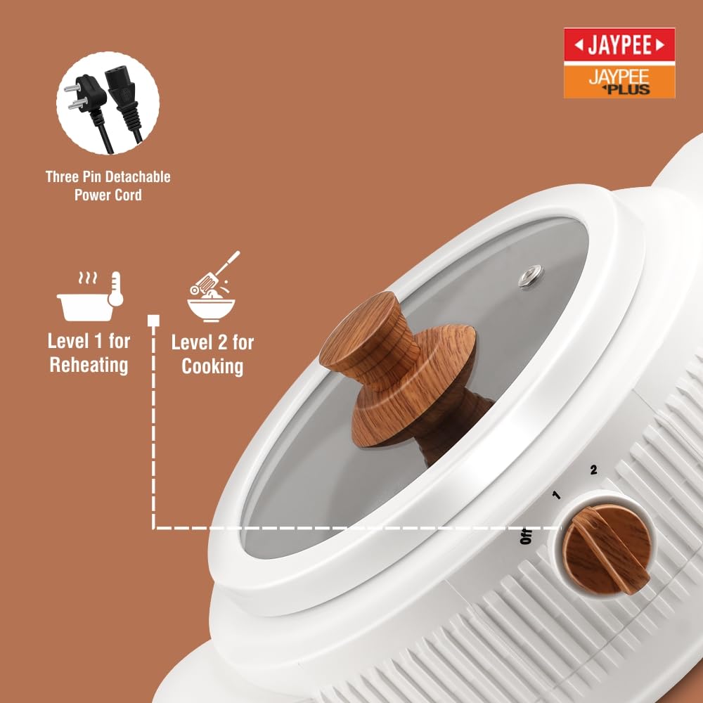 Jaypee Plus Electric CookSmart Casserole with Teflon NonStick Coating Bowl for Reheating & Cooking, Serving Casserole Wooden Finish Lid & Regulator Knob Toughened Glass Lid, 1500 ml, White