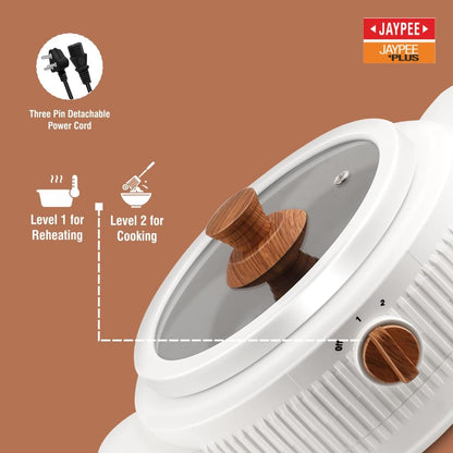 Jaypee Plus Electric CookSmart Casserole with Teflon NonStick Coating Bowl for Reheating & Cooking, Serving Casserole Wooden Finish Lid & Regulator Knob Toughened Glass Lid, 1500 ml, White