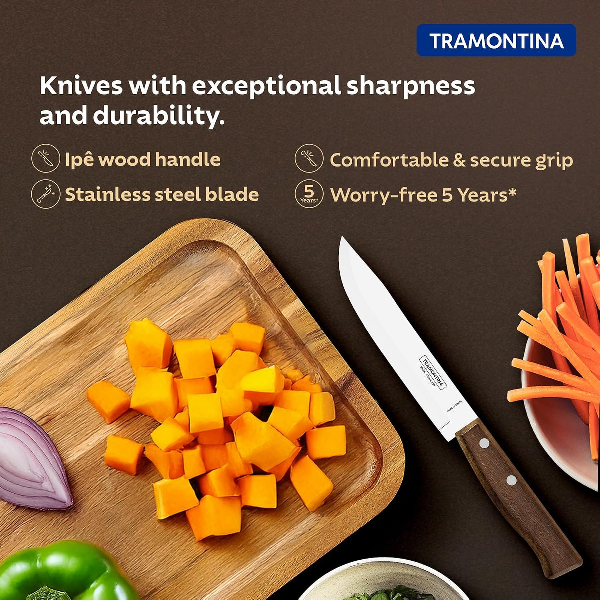 TRAMONTINA Tradicional 15cm / 5.9" Kitchen Knife | Stainless Steel Blade Multi-Purpose Kitchen/Cooking Knife | Straight/Plain Edge | Brown Ipe Wood Handle | Made in Brazil | 5 Year Warranty