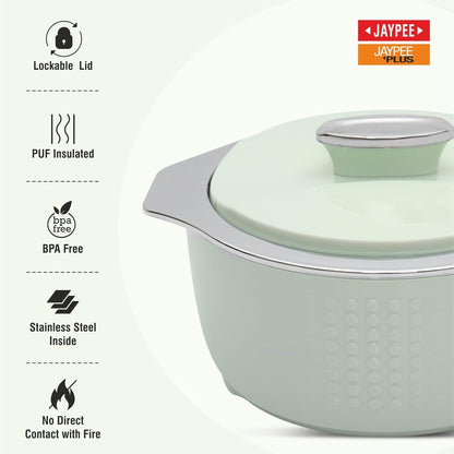 JAYPEE FINEDINE Inner Stainless Steel Casserole Set of 3 with Lockable Lid, 1000+1500+2000 ml, BPA Free Insulated Casserole Set|Food Grade Serving Set| Ideal for Warm Fresh Food & Chapatti, Green