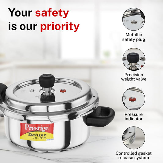 Prestige 3 Litre Stainless Steel Deluxe Alpha Svachh Outer Lid Pressure Cooker | 10Y Warranty | Deep Lid for Spillage Control | TRIPLY Base | Gasket Release System | Gas & Induction Compatible | ISI