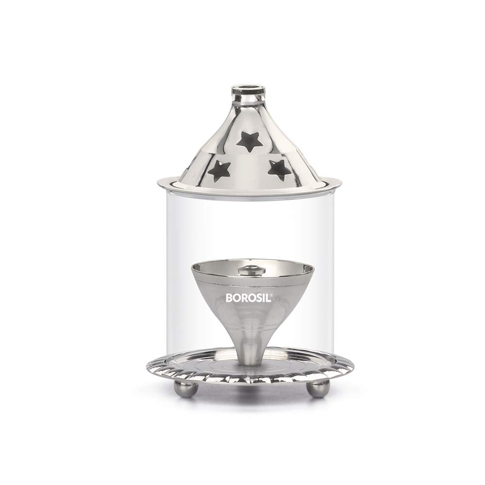 Borosil Small Size Akhand Diya Decorative Nickel Glass Oil Lamp | Tea Light Holder | Diya with Borosilicate Glass | Puja Dia for Mandir | Lantern Diya with Glass Cover, Nickel Diya